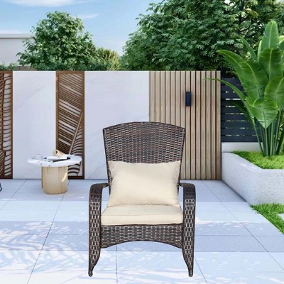 Wicker Chair, Rattan Patio Dining Chair With Back And Seat Cushions, Wide Armrest Modern Comfortable Armchair