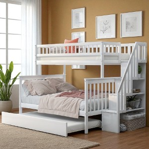 Twin Over Full Bunk Bed with Trundle and Storage Staircase, Solid Wood Frame, White Finish, No Box Spring Needed - 1 of 4