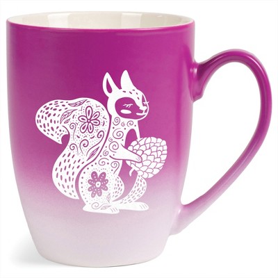Elanze Designs 12 Ounce Vibrant Two Toned Ombre Ceramic Tea Coffee Cup Mug Magenta White Floral Squirrel
