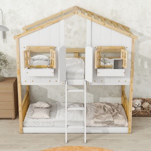 MAYEERTY Twin House Bunk Bed with Roof Window Window Box Door with Safety Guardrails and Ladder Natural White - 1 of 4