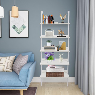 DOMETOUR 5-Shelf Wood Ladder Bookcase with Metal Frame, Industrial 5-Tier Modern Ladder Shelf Wood Shelves,White