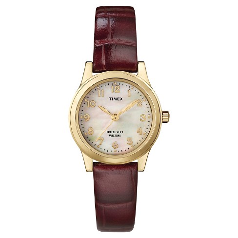 Women's Timex Watch With Leather Strap - Gold/mother Of Pearl/brown  T216939j : Target