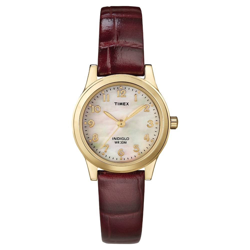 UPC 048148216938 product image for Women's Timex Watch with Leather Strap - Gold/Mother of Pearl/Brown T216939J | upcitemdb.com