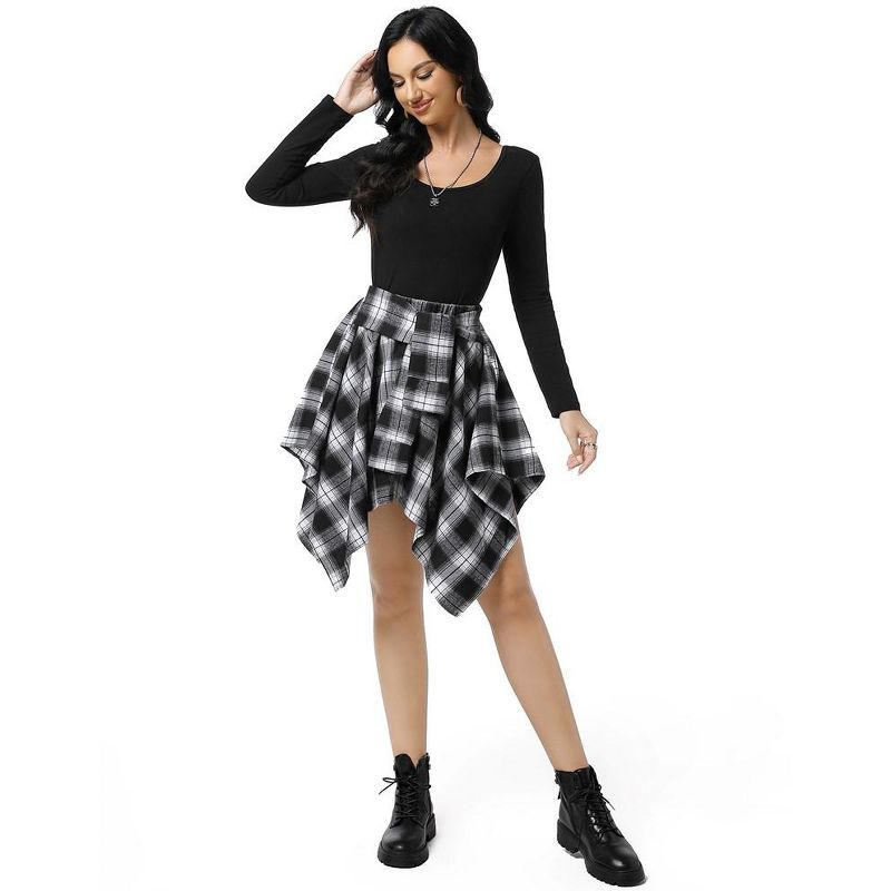 Women's Halloween High Waisted Short A-line Flare Gothic Mini Black Red Plaid Pleated Skirt Dress, 5 of 8