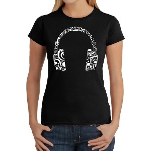 LA Pop Art Women's Word Art T-Shirt - Music Note Headphones - 1 of 4