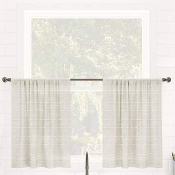 Set of 2 Textured Slub Striped Anti-Dust Linen Blend Sheer Cafe Curtain Tiers - Clean Window