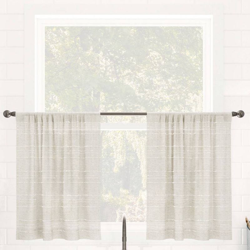 Set of 2 Textured Slub Striped Anti-Dust Linen Blend Sheer Cafe Curtain Tiers - Clean Window, 1 of 6