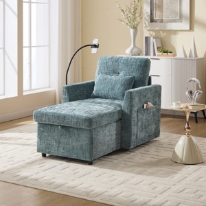 Multifunctional Chenille Chaise Lounge Recliner with Hidden Storage, Adjustable Phone Holder & Side Pockets for Small Spaces-3irtyhousy - 1 of 4