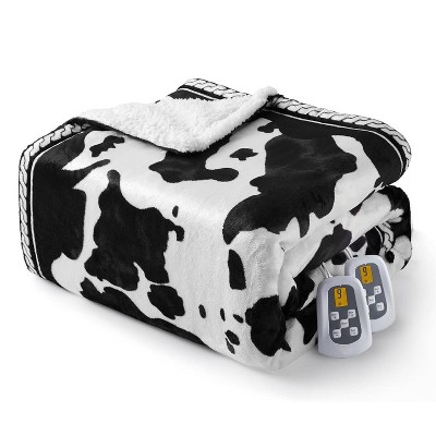 GustoWave Cow Print 10 Heat Levels Electric Heating Blanket, Machine Washable, Black+White