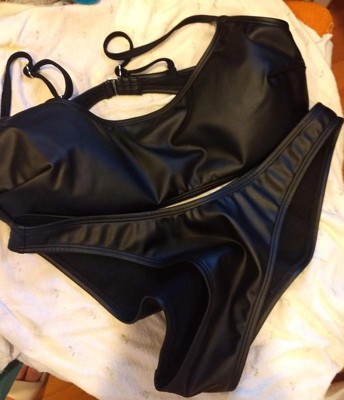 MPitude Free Size Black Faux Leather Bra Shiny Bikini Bra String