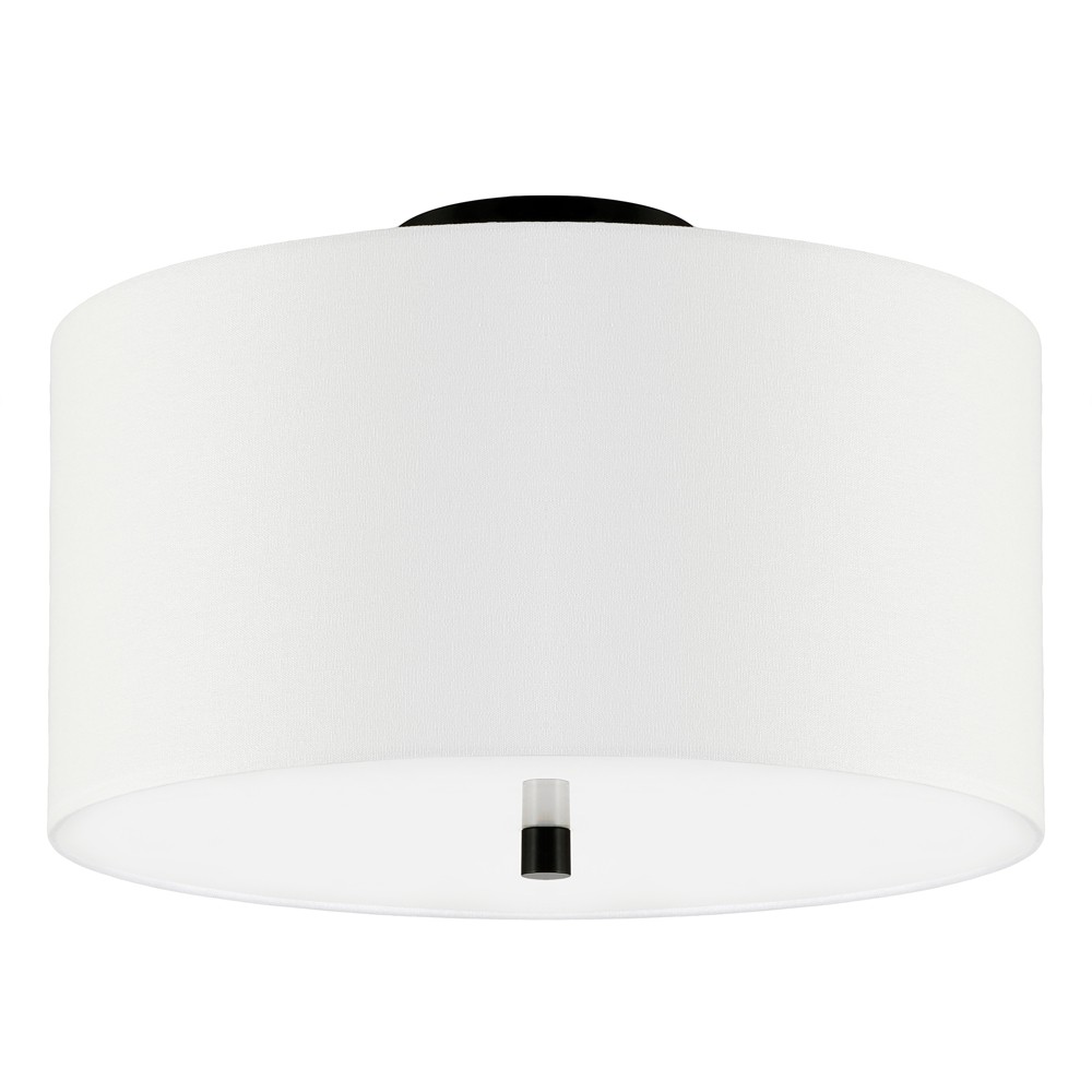Hudson and Canal 16" Flush Mount with Fabric Shade Matte Black/White: UL Listed, Metal Body, Polyester Drum Shade