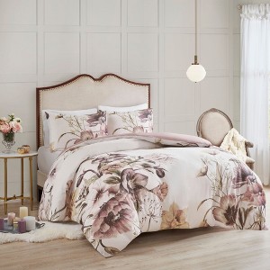 Okak Queen/King 3-Piece Chic Large Floral Printed Bed Duvet Cover Set with Trims,Comfortable Coverlet Bedding Sets,Machine Washable - 1 of 4