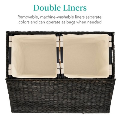 Large Black Handwoven Water Hyacinth Double Laundry Hamper