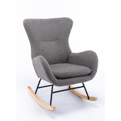 Vynxaria Gary Color Teddy Fabric Rocking Accent Chair with High Backrest and Armrests