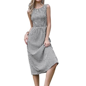 INSPIRE CHIC Women's Plaid Smocked Sleeveless Crew Neck Flowy Summer A-Line Midi Dresses - 1 of 4