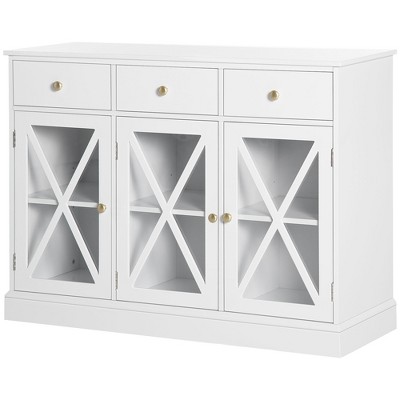 White Farmhouse Style Sideboard Buffet Cabinet with Glass Doors and Drawers