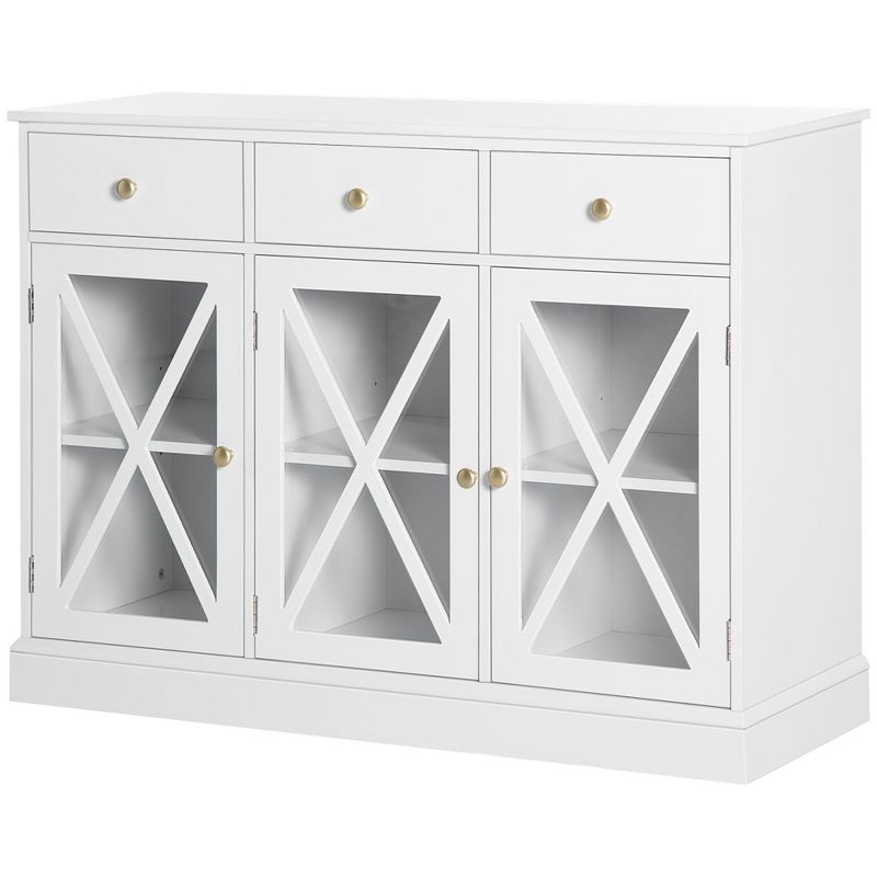 HOMCOM 45" Farmhouse Style Kitchen Sideboard, Serving Buffet Cabinet, Storage Cupboard with Glass Doors and 3 Drawers, White, 4 of 7