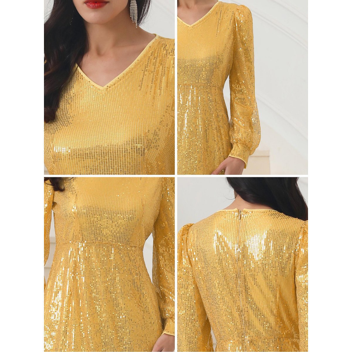 Женские платья INSPIRE CHIC Women's Long Sleeve V-neck Dresses Gold Small — фото 5