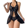 Clotth Women's Ruffle Sheer Mesh Lingerie - Dress with Thong 2 Piece, Halter Open Front Mesh Lace Babydoll Lingerie, Black - 4 of 4