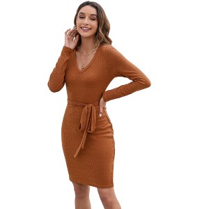 Women's Sweater Dress 2025 Fall Winter V Neck Long Sleeve Ribbed Knit Tie Waist Bodycon Slim Fit Mini Dresses - 1 of 4