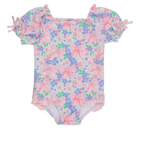 RuffleButts Girls UPF50+ Puff Sleeve One Piece Swimsuit - Bow Blooms, 7