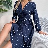 Women's Dot Printed Casual Dress V Neck Long Sleeve Tie Waist Pleated Midi Dress - 3 of 4
