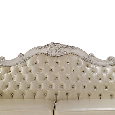 Dresden White Faux Leather Tufted Camelback Sofa with Nailhead Trim