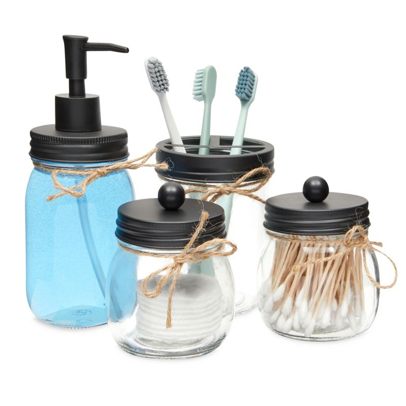 Okuna Outpost 4 Piece Glass Bathroom Accessories Set with Soap Dispenser, Toothbrush Holder, Apothecary Mason Jar, 1 of 7