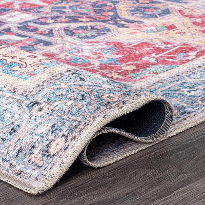Red and Blue Synthetic Flat Woven Medallion Area Rug
