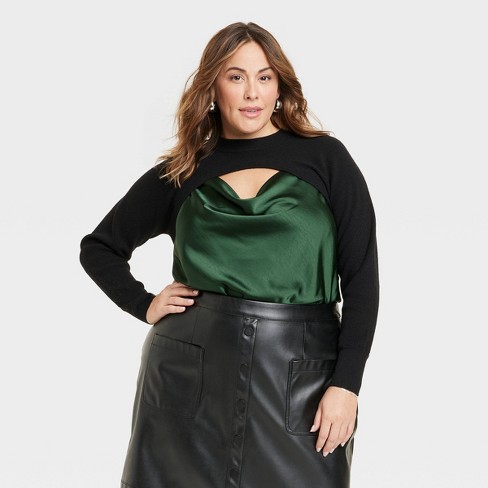 Women's Cropped Shaker Stitch Shrug - Ava & Viv™ Black 3x : Target