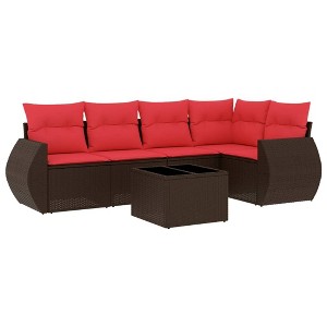 vidaXL 6 Piece Garden Sofa Set with Cushions Brown and Red Poly Rattan - With Table - 1 of 4