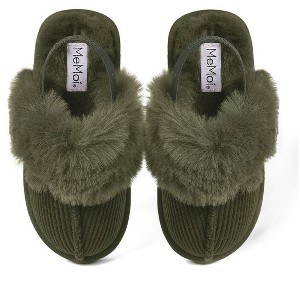 Memoi Girls Corduroy Microfiber & Fluffy Faux Fur Slipper Slide - 1 of 3