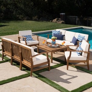 Christopher Knight Home Perla Outdoor 8 Seater Acacia Wood Chat Set with Cushions - 1 of 4