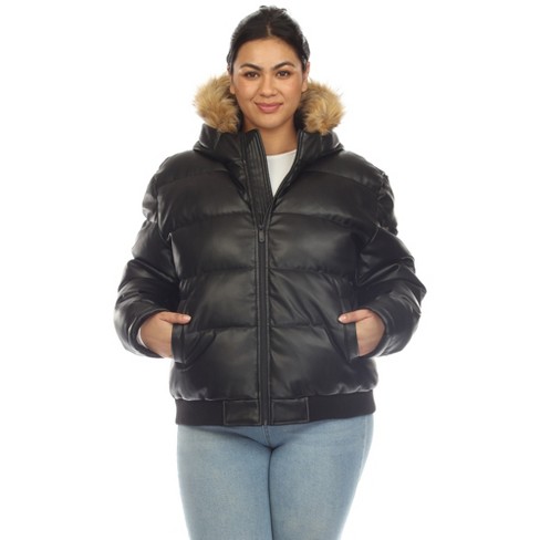 Women's Removable Faux Fur Hoodie Bomber Leather Jacket Black Xxlarge-White  Mark