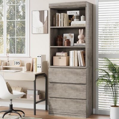 Wooden Deep Bookcase with Drawers, 70.27 in Tall Bookshelf Farmhouse Bookcases Storage Cabinet Organizer for Home Office