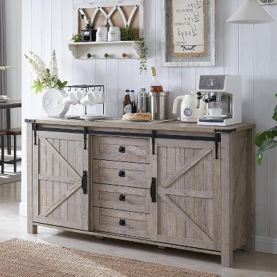 SinCiDo Farmhouse 60"Dressing Table with Sliding Barn Door and 4 Drawers,Drawer Cabinet Living Room,Bedroom,Coffee Bar