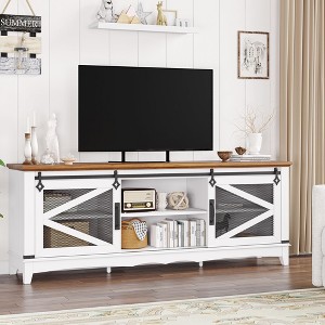 66" Farmhouse TV Stand for 70" TVs, Media Console with Barn Doors & Adjustable Storage Shelves - 1 of 4