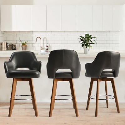 Faux Leather Counter Stool Set Of 3 Modern Upholstered Seat 360° Swivel With Backrest Footrest For Kitchen Or Bar-Tanpinhause