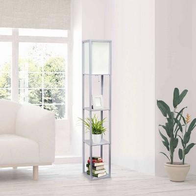 Elegant Gray Floor Lamp with Linen Shade and Display Shelves