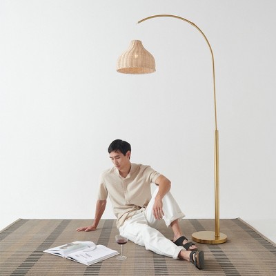 75" Brass Arc Floor Lamp with Rattan Shade