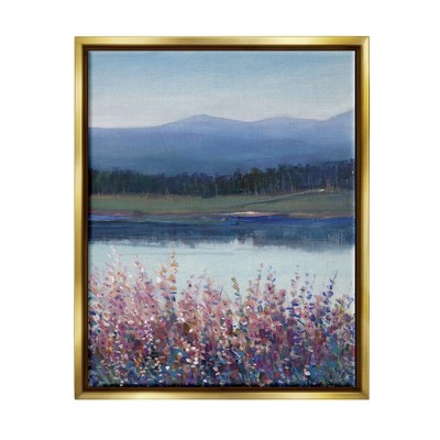 Stupell Industries Lilacs By Lake Mountain Landscape Framed Canvas