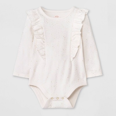 Image of Baby Girls' Foil Ruffle Long Sleeve Bodysuit - Cat & Jack™ Off-White 3-6M