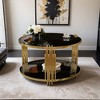 Modern Mirror Coffee Table, Asymmetrical Metal, Circular Metal Drum Base, Gold Finish & Lower Shelf - Leovsnove - 2 of 4