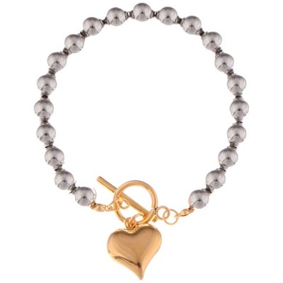 Anna-Kaci Silver Beaded Bracelet with Gold Heart Charm and Toggle Clasp - Silver