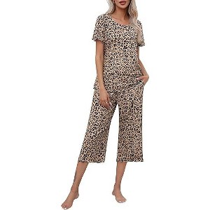 Ekouaer Capri Pajamas for Women Soft Pjs Set Short Sleeve Tee Top Loungewear Soft 2 Piece Sleepwear - 1 of 4