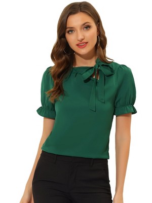 INSPIRE CHIC Women's Bow Tie Neck Solid Color Elastic Cuffs Elegant Office Short Sleeve Blouse