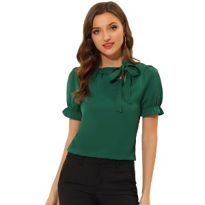 INSPIRE CHIC Women's Bow Tie Neck Solid Color Elastic Cuffs Elegant Office Short Sleeve Blouse - 1 of 4