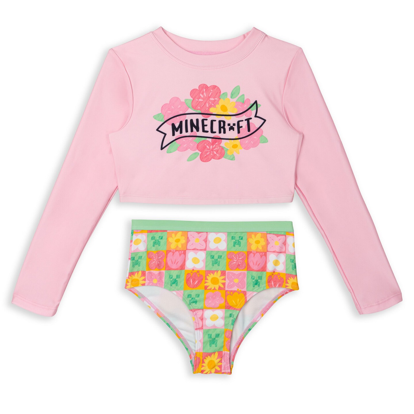 Minecraft Little Girls Rash Guard and Bikini Bottom UPF 50+ Swim Set Pale Pink / Green 7-8, цвет: Бледный розовый — фото 1