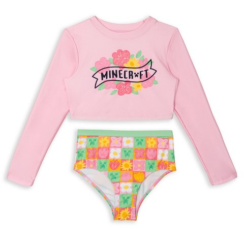 Minecraft Little Girls Rash Guard and Bikini Bottom UPF 50+ Swim Set Pale Pink / Green 7-8