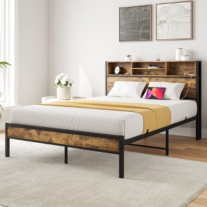 KWPZQEB Twin/Full/Queen Bed Frame, Storage Headboard with Charging Station, Metal Platform Bed with Bookcase, No Box Spring Needed, Easy Assembly - 1 of 4